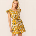 SHEIN Ruffle Trim Daisy Print Tie V-Neck Dress