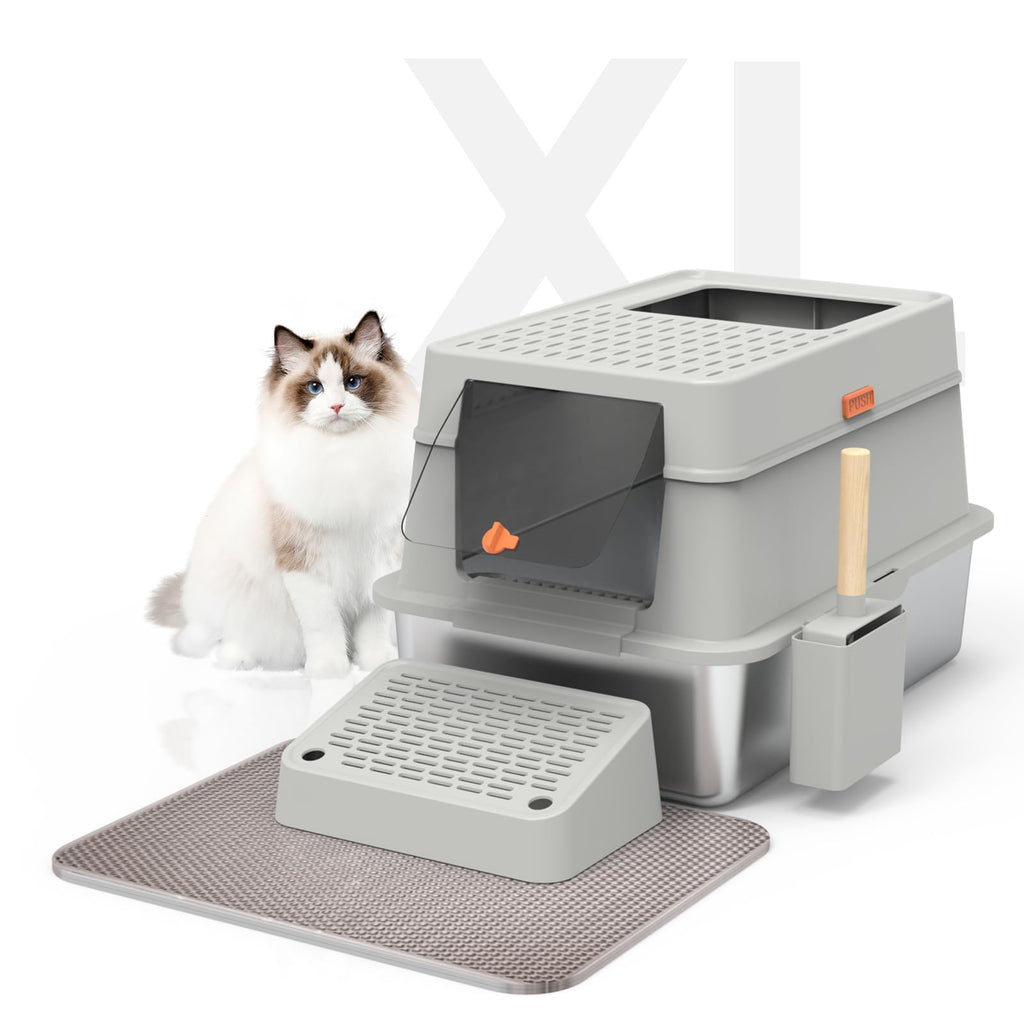 Suitchi Stainless Steel Cat Litter BoxXL Enclosed Cat Litter Box with Poop Scooper/Footboard/Mat (Light Gray)